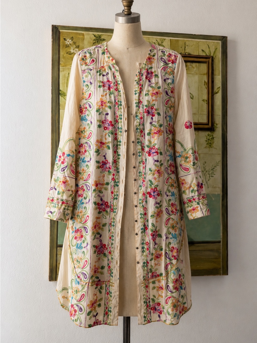 Cream Floral Embroidered Longline Button Front Tunic